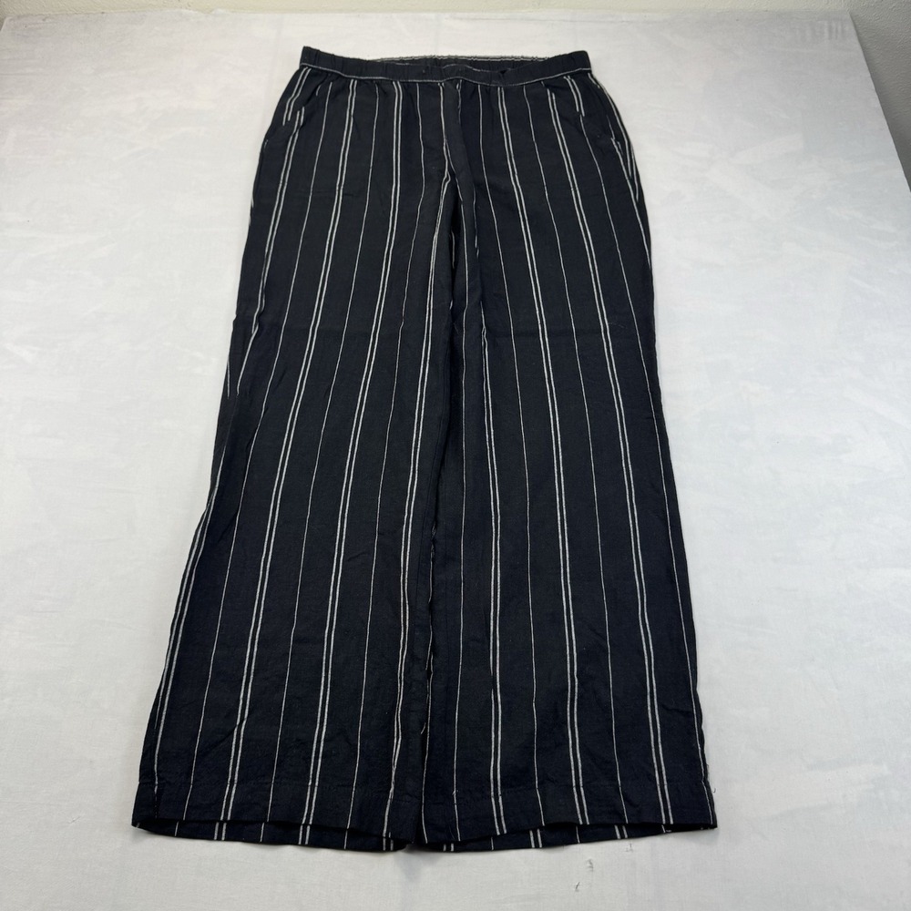 Land 'N Sea Women's Medium Black White Striped Pull On Wide Leg Pants Pockets